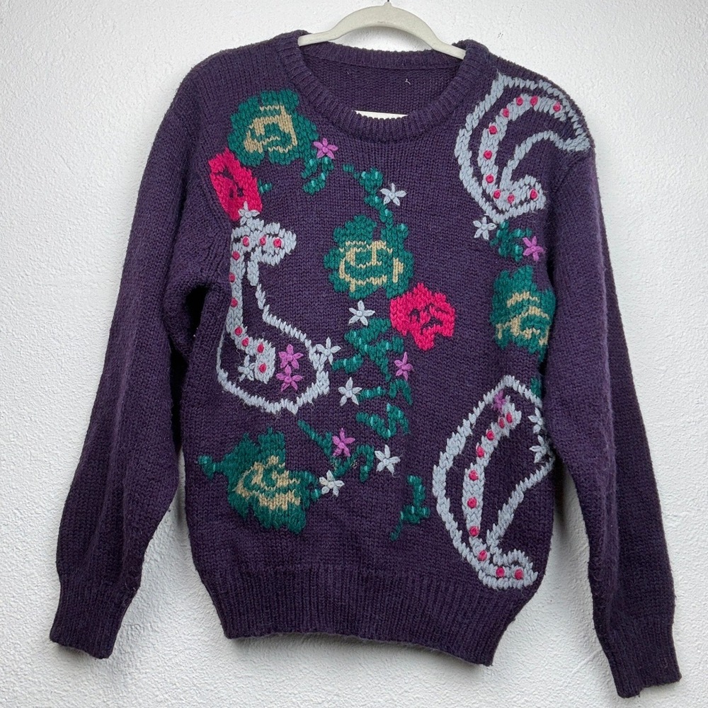 Vintage Purple Knit Sweater - M - Floral Paisley Embroidery Grannycore Boho